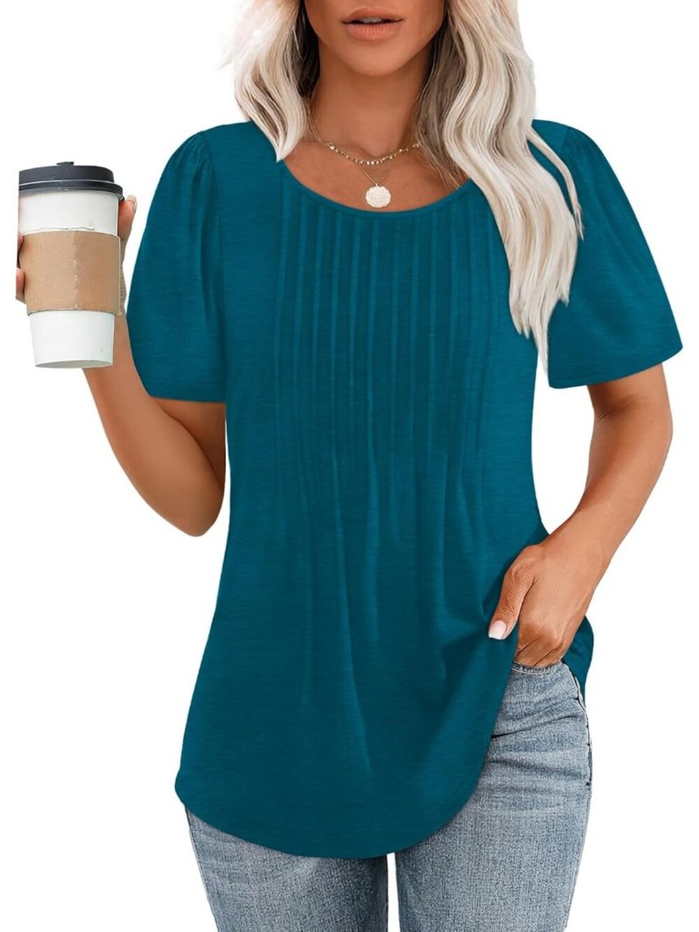 Women's 04 Teal Scooped Neck Short Sleeve Pleated Dressy Summer Casual Tops